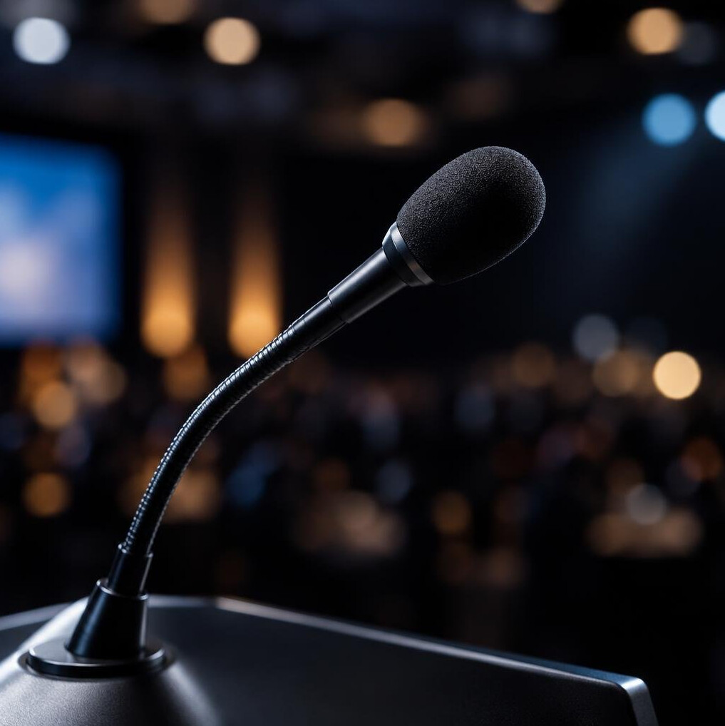 Close-up of a professional microphone in a conference setting
