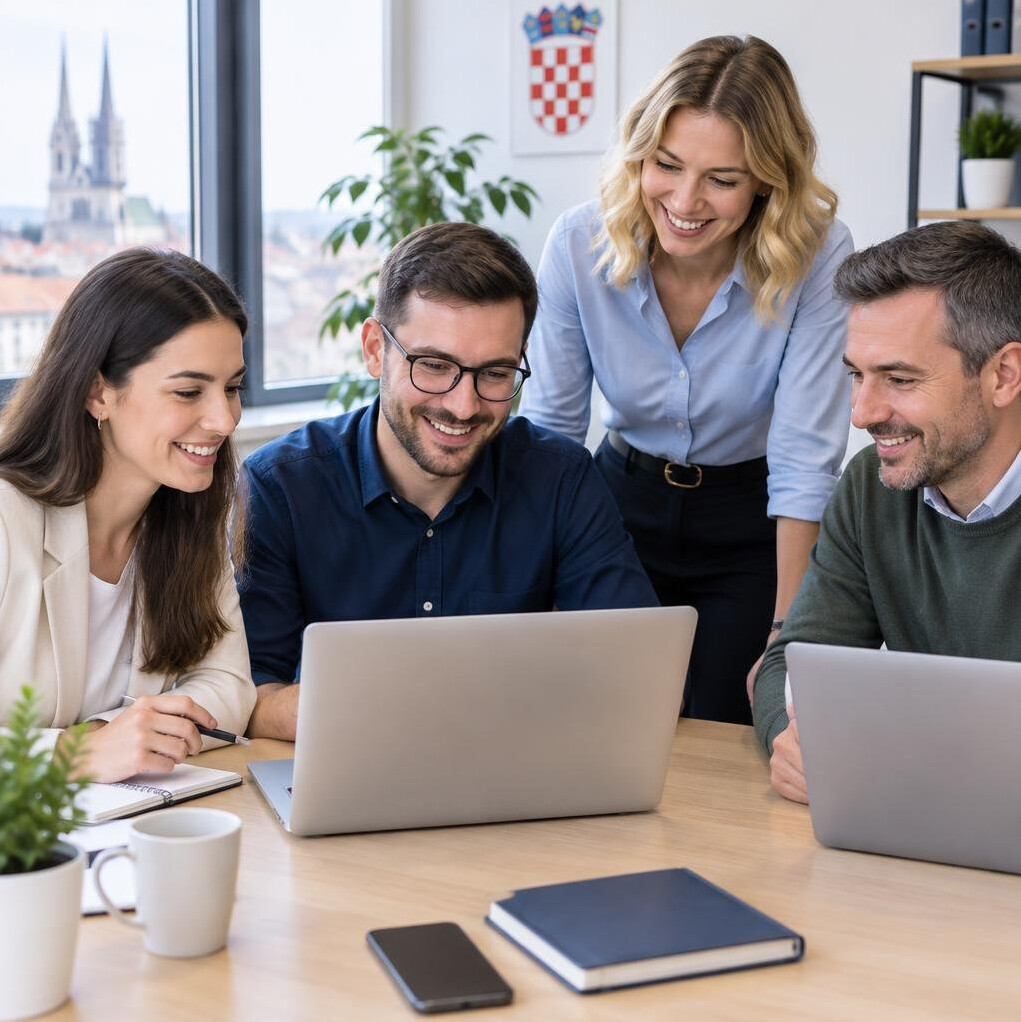 Team of colleagues collaborating around laptops in a bright office