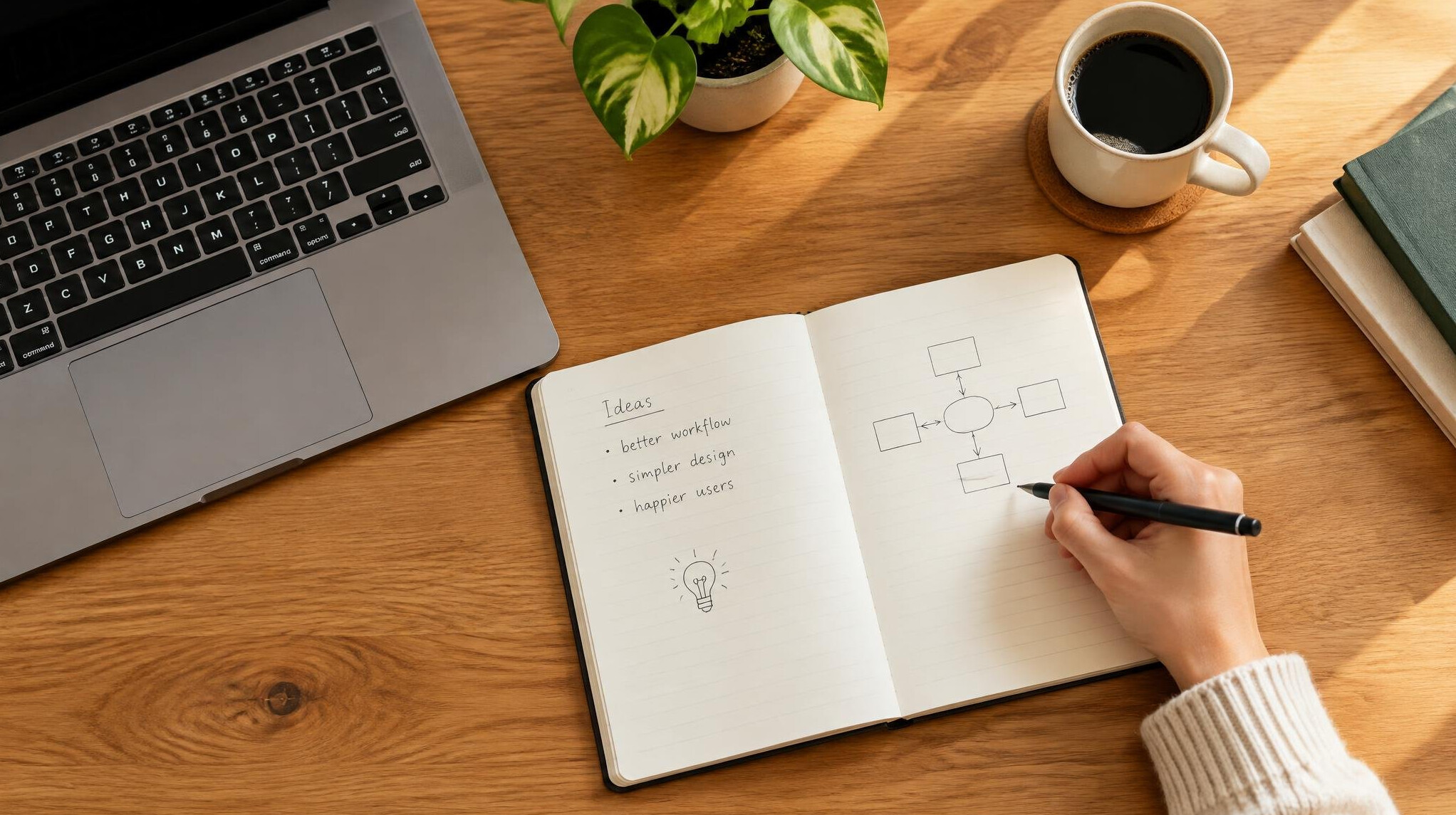 Hand writing notes in a notebook next to a laptop on a desk