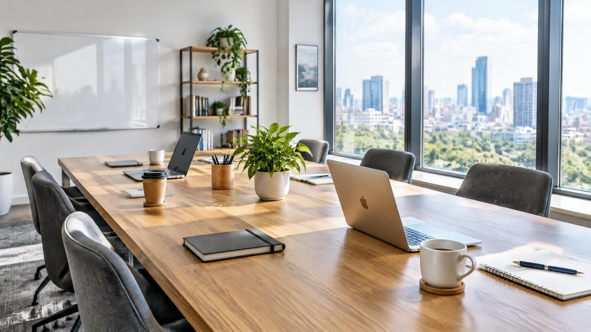 Bright modern office meeting space with laptops and notes on a table